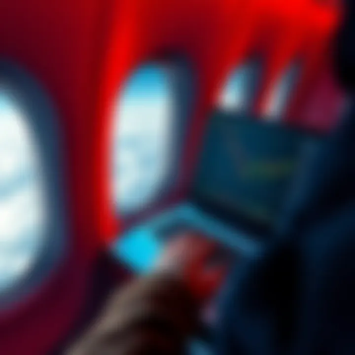 A person looking at a laptop screen showing crypto trading graphs while on an airplane, with clouds visible outside the window.
