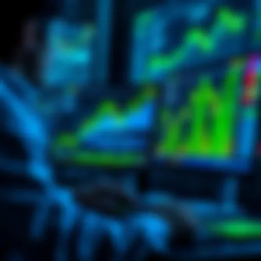 A trader analyzing charts on a computer with green upward trends representing profits in crypto futures trading