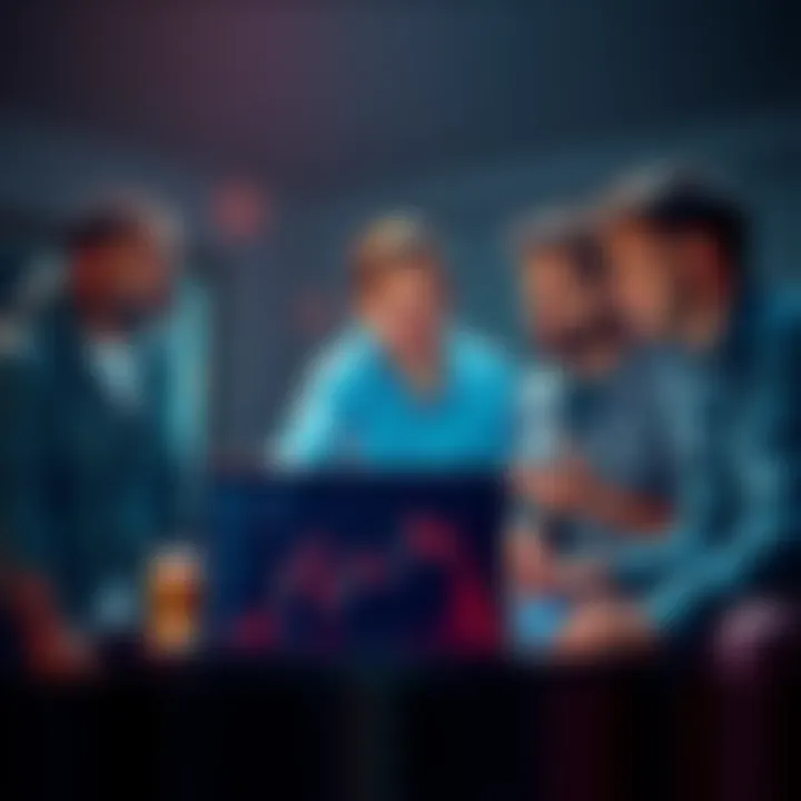 Crypto Trading Gains A group of friends discussing cryptocurrency trading with charts and graphs on a laptop
