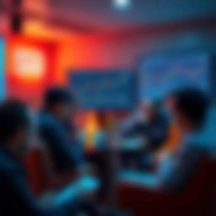 A group of people discussing crypto trading strategies in a casual setting, with charts and memes visible on screens.