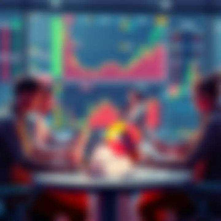 A group of people discussing cryptocurrency trading tips and safety practices around a table with laptops and charts