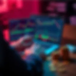 A person analyzing cryptocurrency charts on a laptop, with coins and notes on the table
