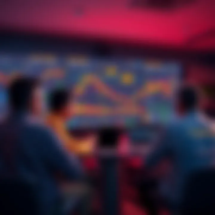 A group of people discussing cryptocurrency trading in a casual setting with charts and graphs on a screen.