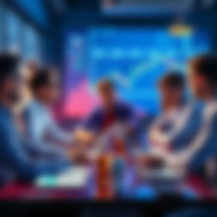 A group of people discussing cryptocurrency strategies and tips at a table, with laptops and charts in the background.