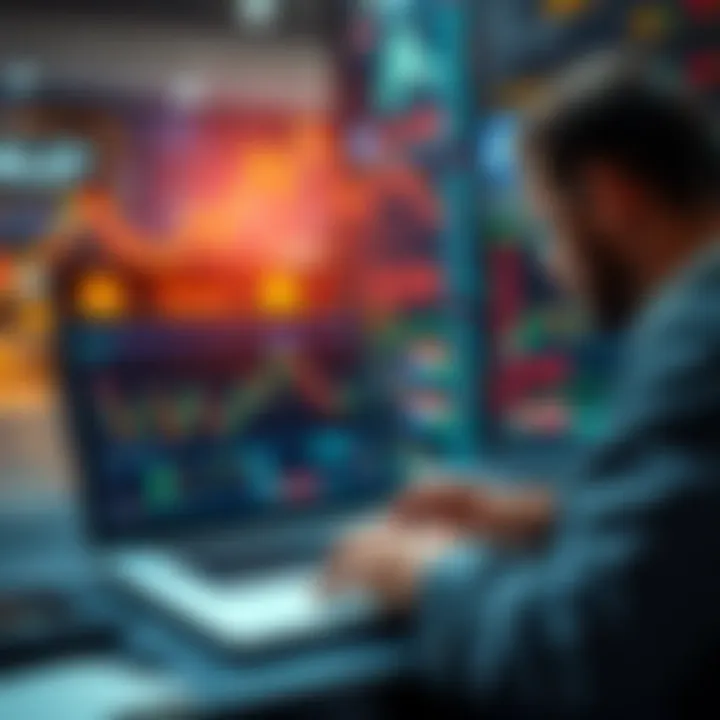 A trader reviewing fluctuating crypto charts on a laptop, showing rapid market changes and analysis tools