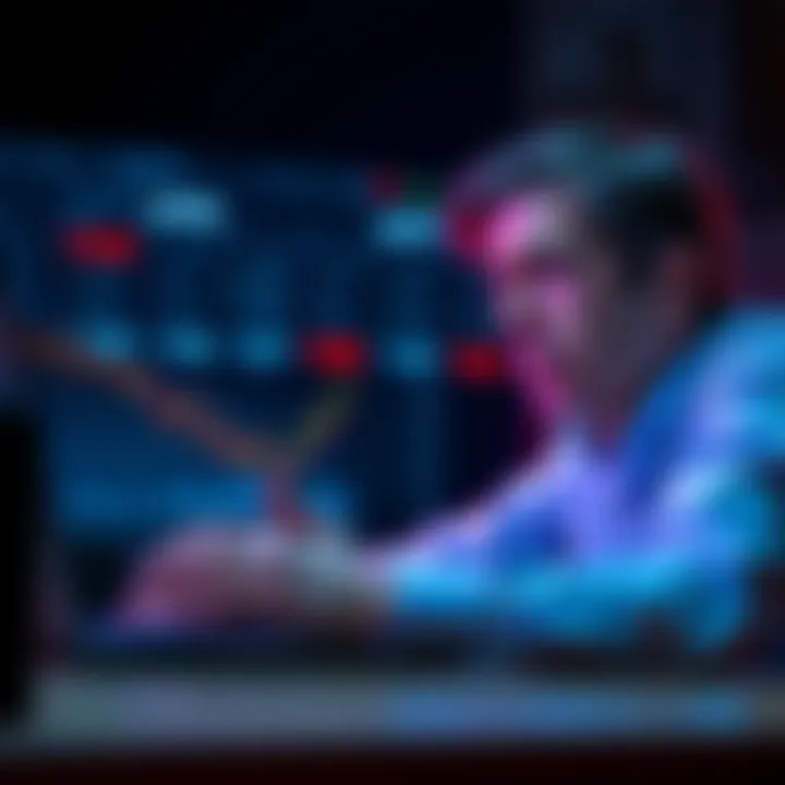 Crypto Trading Loss A person looking worried while checking crypto trading charts on a laptop. The screen shows a steep decline in values, indicating a loss.