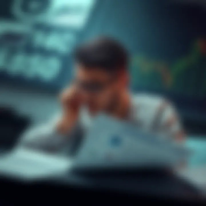 Crypto Trading Loss A graphic showing a person concerned over a large financial loss related to cryptocurrency with tax documents and charts in the background.