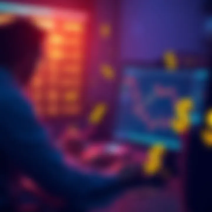 A trader analyzing cryptocurrency charts and data on a computer, with dollar signs and coins suggesting profit.