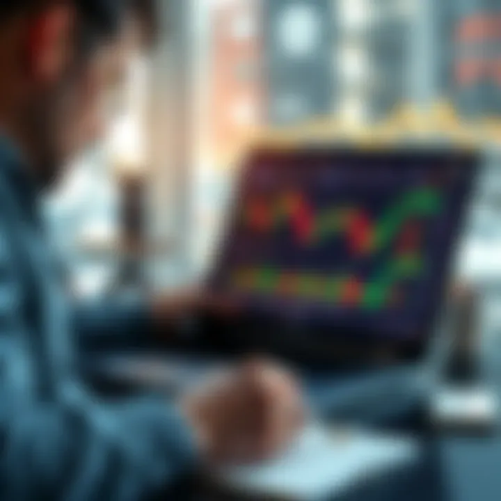 A trader looking at cryptocurrency charts on a laptop, contemplating recovery strategies, with a notepad beside them for notes.