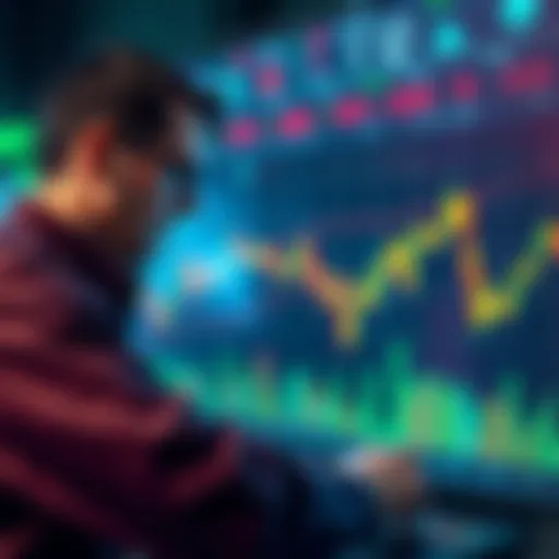 A graphic showing a worried trader looking at fluctuating cryptocurrency charts, highlighting decision-making challenges, and risk management issues.