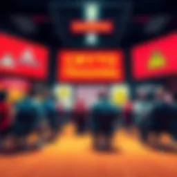 A group of people discussing crypto trading tips and safety in a forum setting with warning signs in the background.