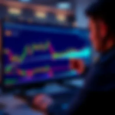 A trader analyzing cryptocurrency charts on a computer screen, highlighting buy and sell signals with indicators.