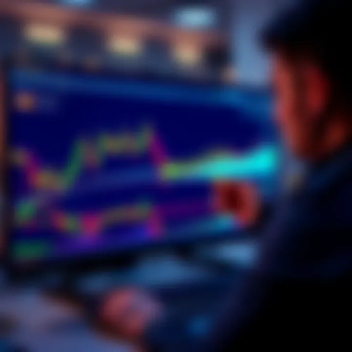 A trader analyzing cryptocurrency charts on a computer screen, highlighting buy and sell signals with indicators.
