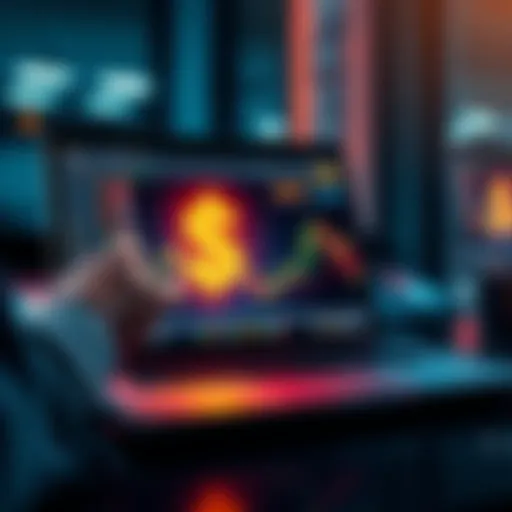 A person pointing at a laptop screen displaying a successful trading strategy with a glowing dollar sign