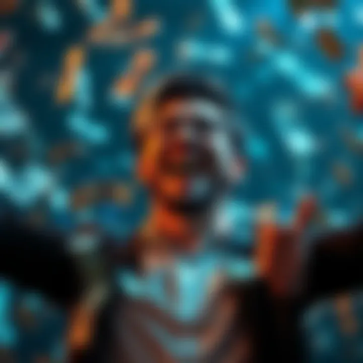 A person celebrating their success in cryptocurrency trading with a joyful expression and dollar bills around them, symbolizing achieving financial goals.