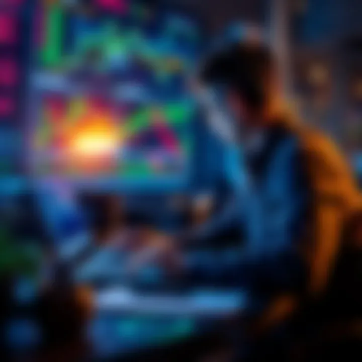 A beginner learning about cryptocurrency trading with charts and graphs on a laptop.