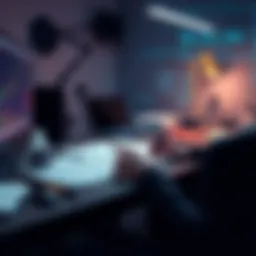 A developer brainstorming creative ideas for a crypto trading tool with sketches and notes on a desk
