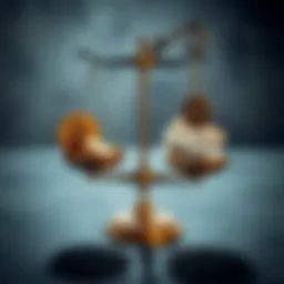 A visual representation of balancing cryptocurrency and traditional finance with scales, showing coins on one side and banknotes on the other, symbolizing investment strategies.