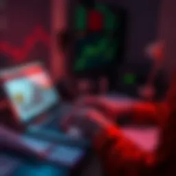 A person using a laptop to perform a cryptocurrency transaction with large amounts, surrounded by financial charts and bank documents.