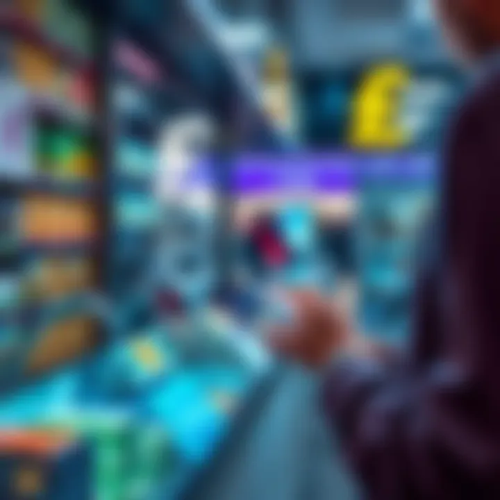 A person using a smartphone to buy and spend cryptocurrency at a shop, with GBP currency symbols in the background.