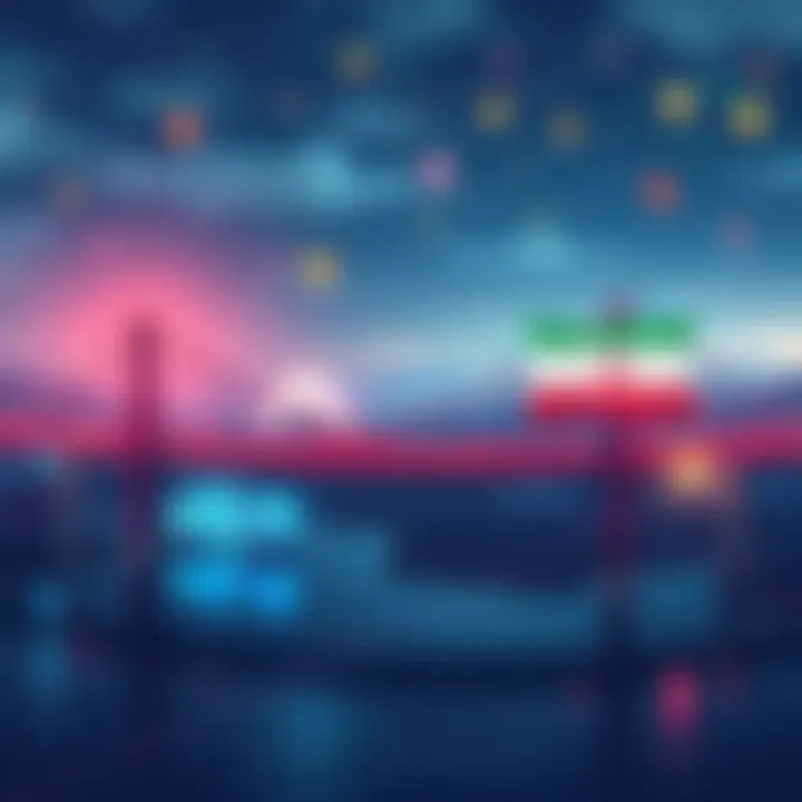 A digital illustration showcasing a virtual bridge connecting the USA and Iran with cryptocurrency symbols, highlighting innovative transfer solutions.