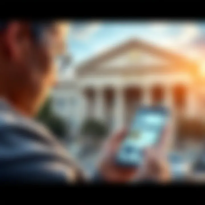 A parent looking at a smartphone showing Bitcoin and Monero balances, with a bank building in the background, symbolizing the process of transferring funds.