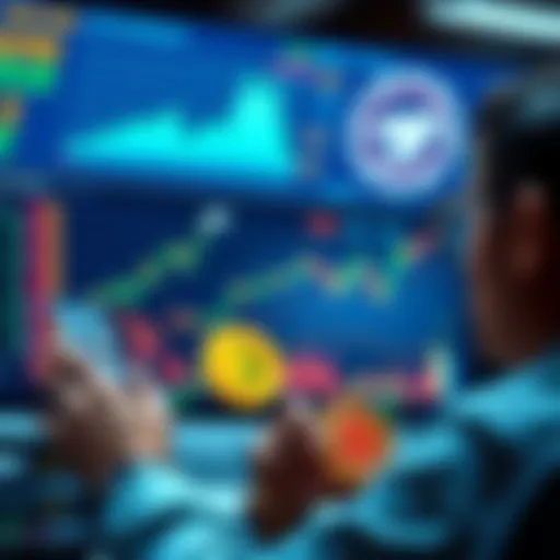 A visual representation of a person analyzing crypto investments in a Stocks and Shares ISA, showing growth charts and Bitcoin symbols.