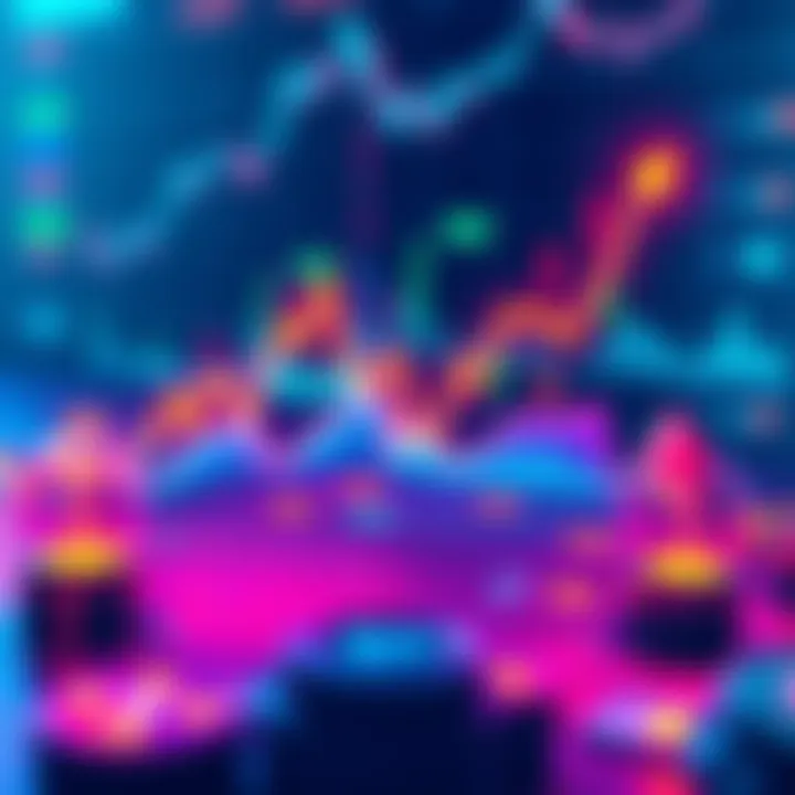 A graphic showing rising and falling crypto market trends with symbols of popular cryptocurrencies like Bitcoin and Ethereum.