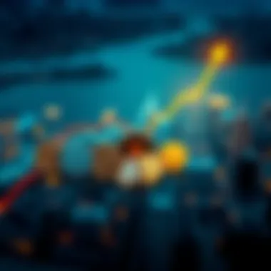 Various cryptocurrency coins, including XRP, showing an upward trend on a chart against a backdrop of a city affected by economic downturn.