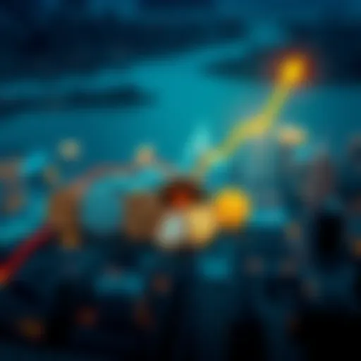 Various cryptocurrency coins, including XRP, showing an upward trend on a chart against a backdrop of a city affected by economic downturn.