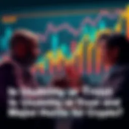 Two people discussing usability and trust in cryptocurrency with charts and graphs in the background
