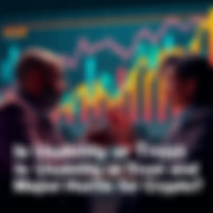 Two people discussing usability and trust in cryptocurrency with charts and graphs in the background