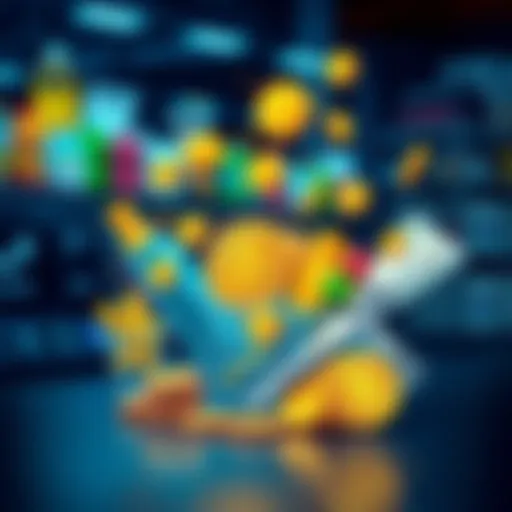 An illustration showing digital coins transforming into everyday items like groceries and bills, symbolizing utility in cryptocurrency.