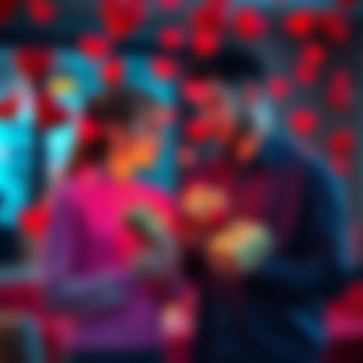 A couple celebrating Valentine's Day with gifts that include cryptocurrency symbols and digital wallets, showcasing the blend of romance and digital currency