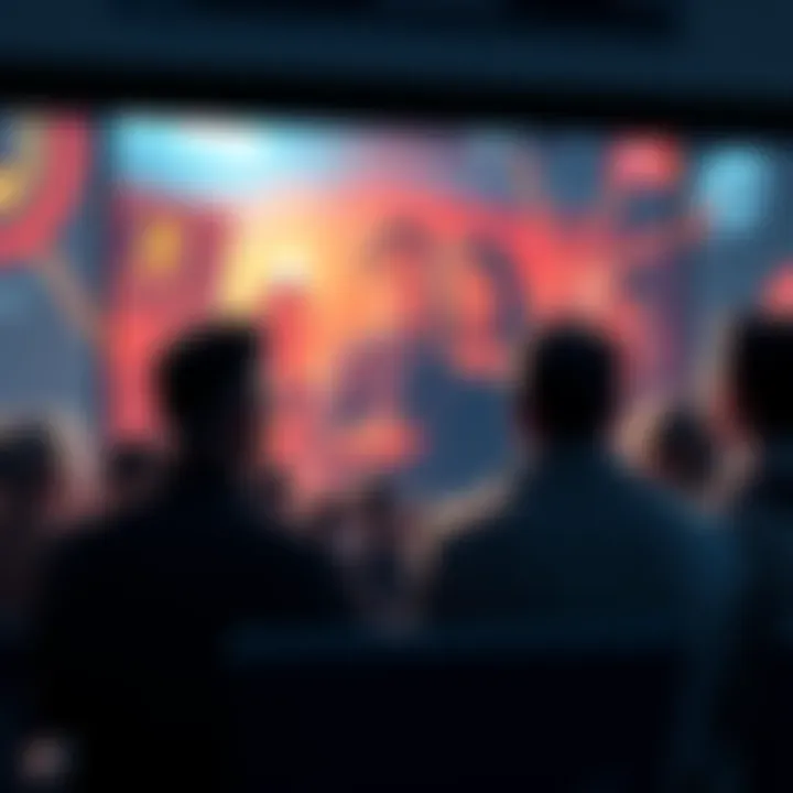 Crypto video impact A group of crypto investors watching a compelling video on a large screen, their expressions reflecting concern and curiosity