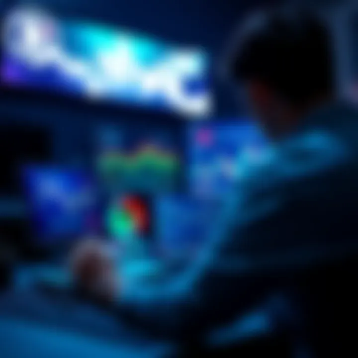 A person watching a cryptocurrency video on a laptop with charts and graphs on the screen