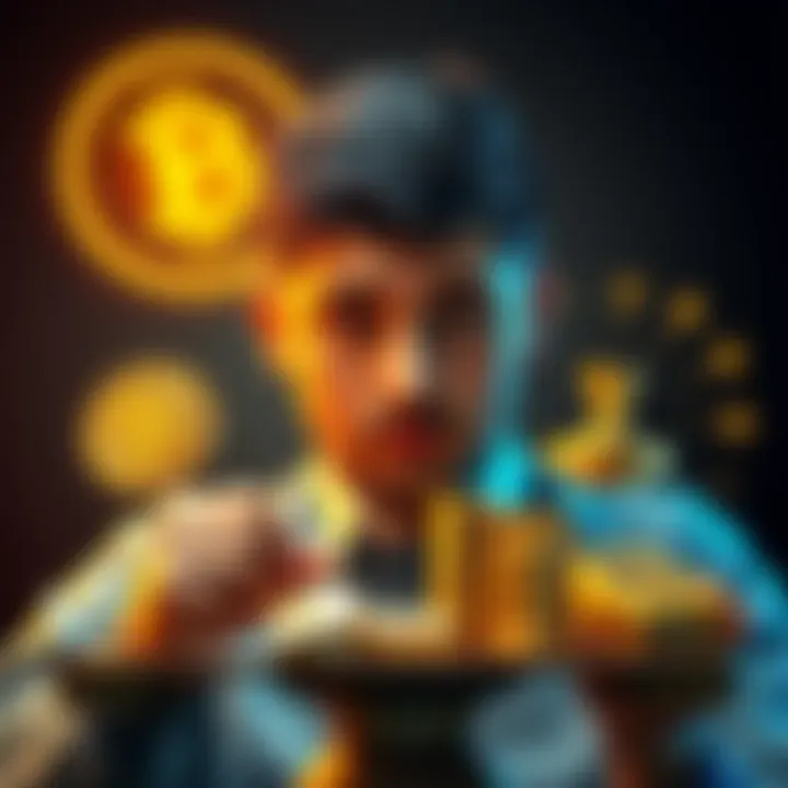 A young investor weighing options between cryptocurrency and gold, with visual symbols representing both investments