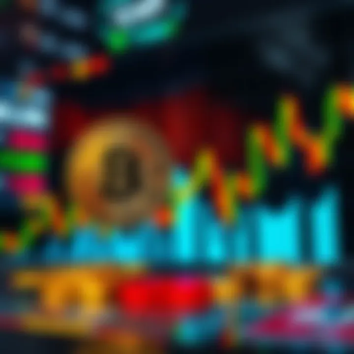 A visual representation comparing cryptocurrency and stocks, showing coins and a stock chart side by side.