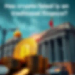 A visual representation of cryptocurrency coins overshadowed by traditional bank buildings, symbolizing the clash between innovative finance and established institutions.