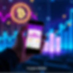 A person holding a smartphone displaying a cryptocurrency wallet app, with digital coins in the background