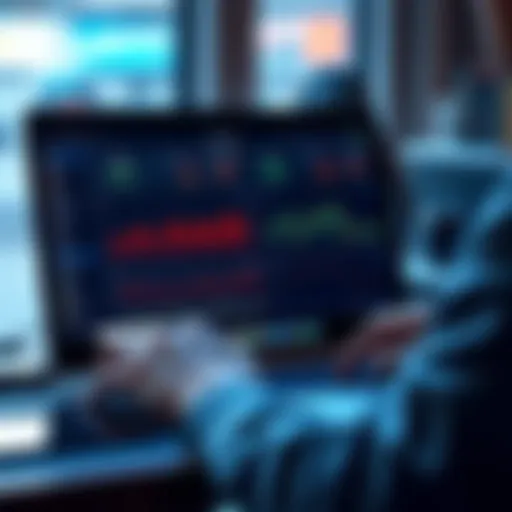 A person using a laptop to manage a cryptocurrency wallet, with graphs and charts on the screen, showing profits and risks