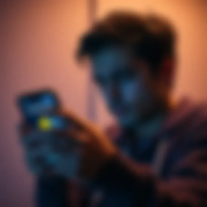 A person looks worried while checking their cryptocurrency wallet on a phone, showing signs of a dusting attack. A warning symbol appears on the screen indicating potential threats to their assets.