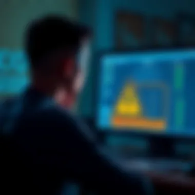 A person worried about the security of their crypto wallet, looking at a computer screen with a seed phrase generator displayed. A warning sign is visible indicating the risk of duplicate seed phrases...