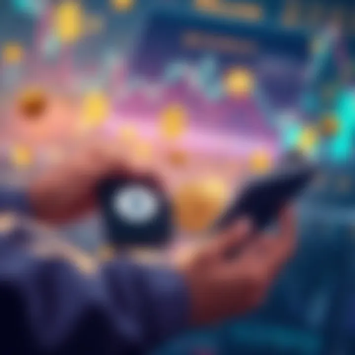 Navigating the Crypto Landscape An insightful illustration of a user interacting with a Trezor hardware wallet while analyzing staking options and APY benefits, set against a digital backdrop of cryptocurrency symbols and charts.