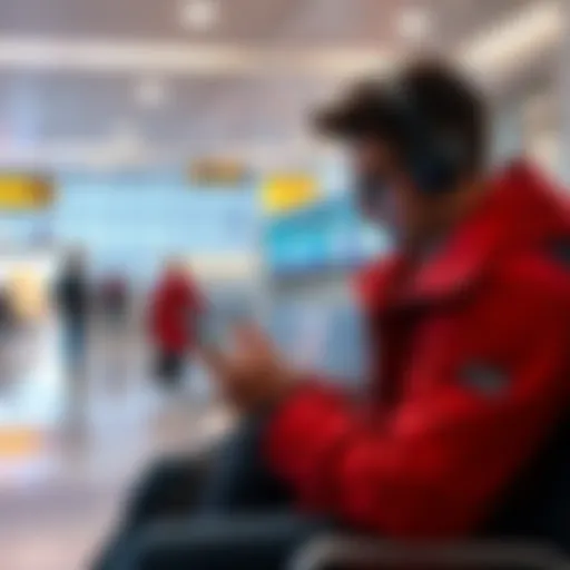 A traveler using a crypto wallet on a smartphone while sitting at an airport