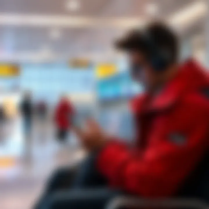 A traveler using a crypto wallet on a smartphone while sitting at an airport