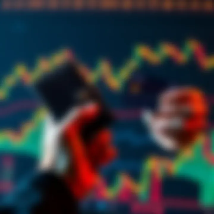 A person holding a crypto wallet in one hand and a bank card in the other, showing contrasting financial options, with charts in the background.