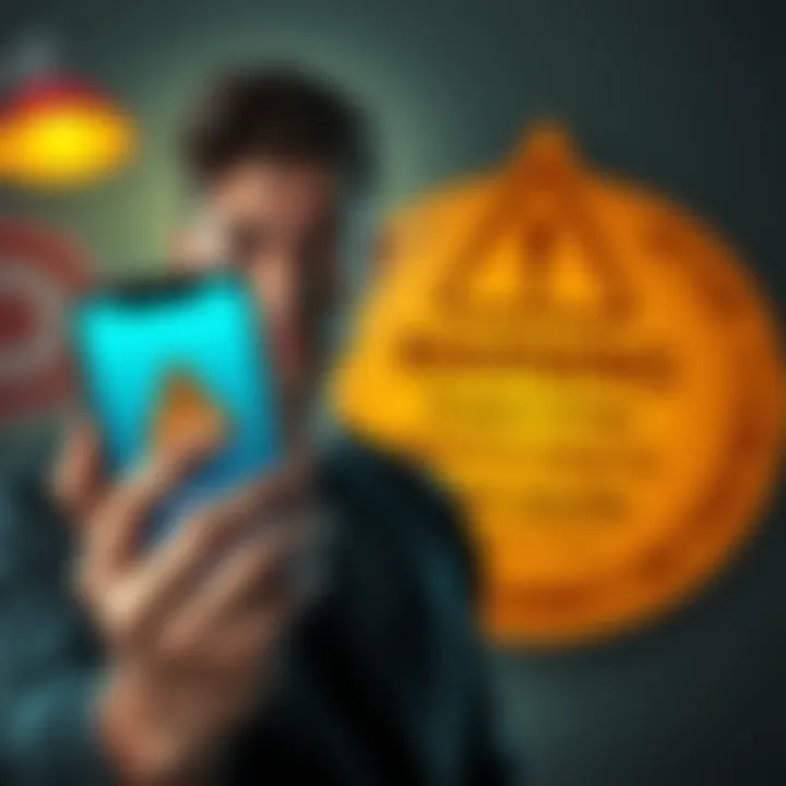 A person looking concerned while holding a smartphone displaying a cryptocurrency wallet app and a large warning sign in the background.