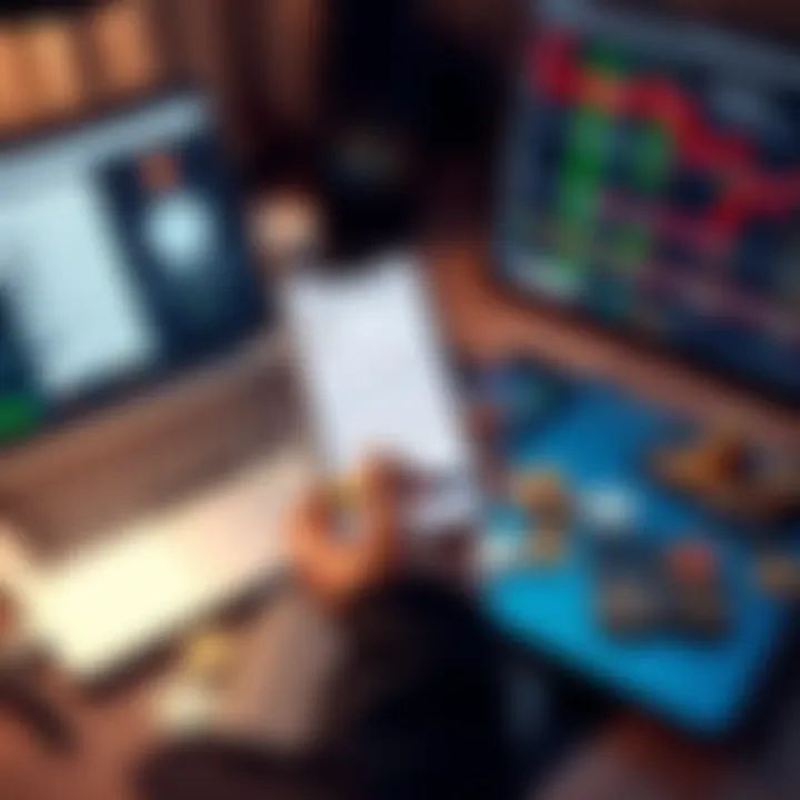 Cryptocurrency Wallets on a Desk A person holding a smartphone with a cryptocurrency wallet app open, while a laptop displays various crypto exchange sites. Coins are scattered on the desk.