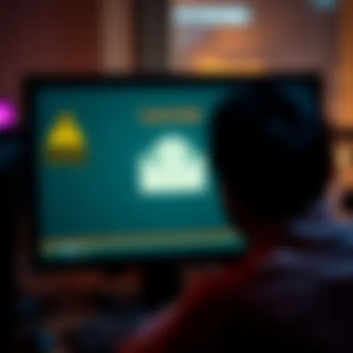 A person looking at a computer screen displaying a suspicious email with caution signs around it